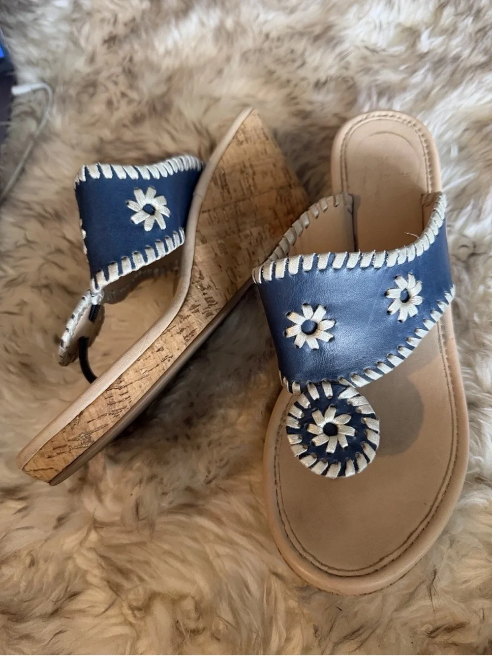 Jack Rogers Navy Blue & silver leather Wedge cork thing slip on hampton Sandals